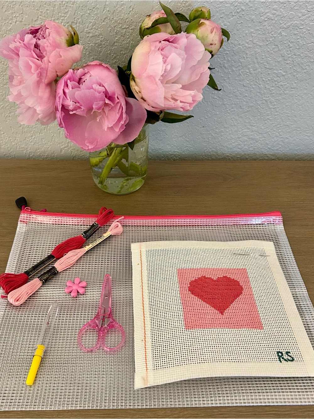 Beginner Heart Needlepoint Kit with 13 mesh Canvas!